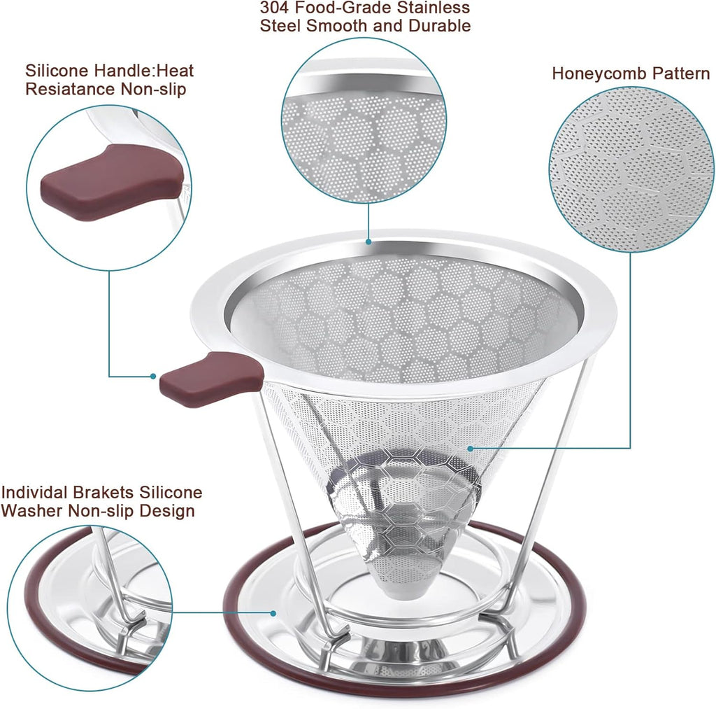 Experience Rich Flavor with the MISETTO Stainless Steel Pour Over Coffee Dripper - Easy to Clean, Reusable Cone Filter for Perfect Brews Anywhere